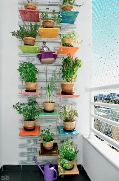 Foto de um jardim vertical montado na parede de uma varanda de um apartamento. Criar plantas ou hortas em casa, ajuda o meio ambiente.